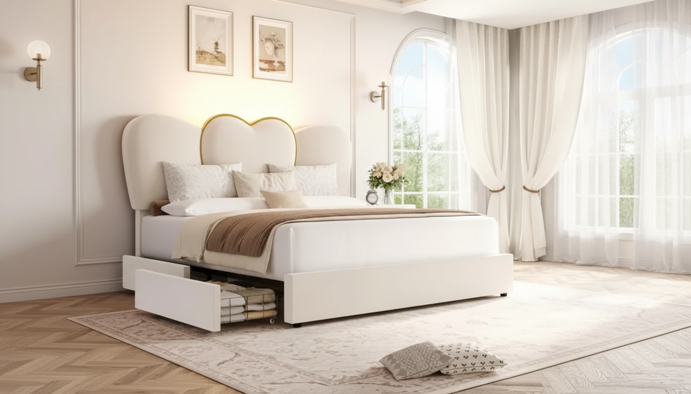 Queen Velvet LED Storage Bed: Heart Headboard + 4 Drawers